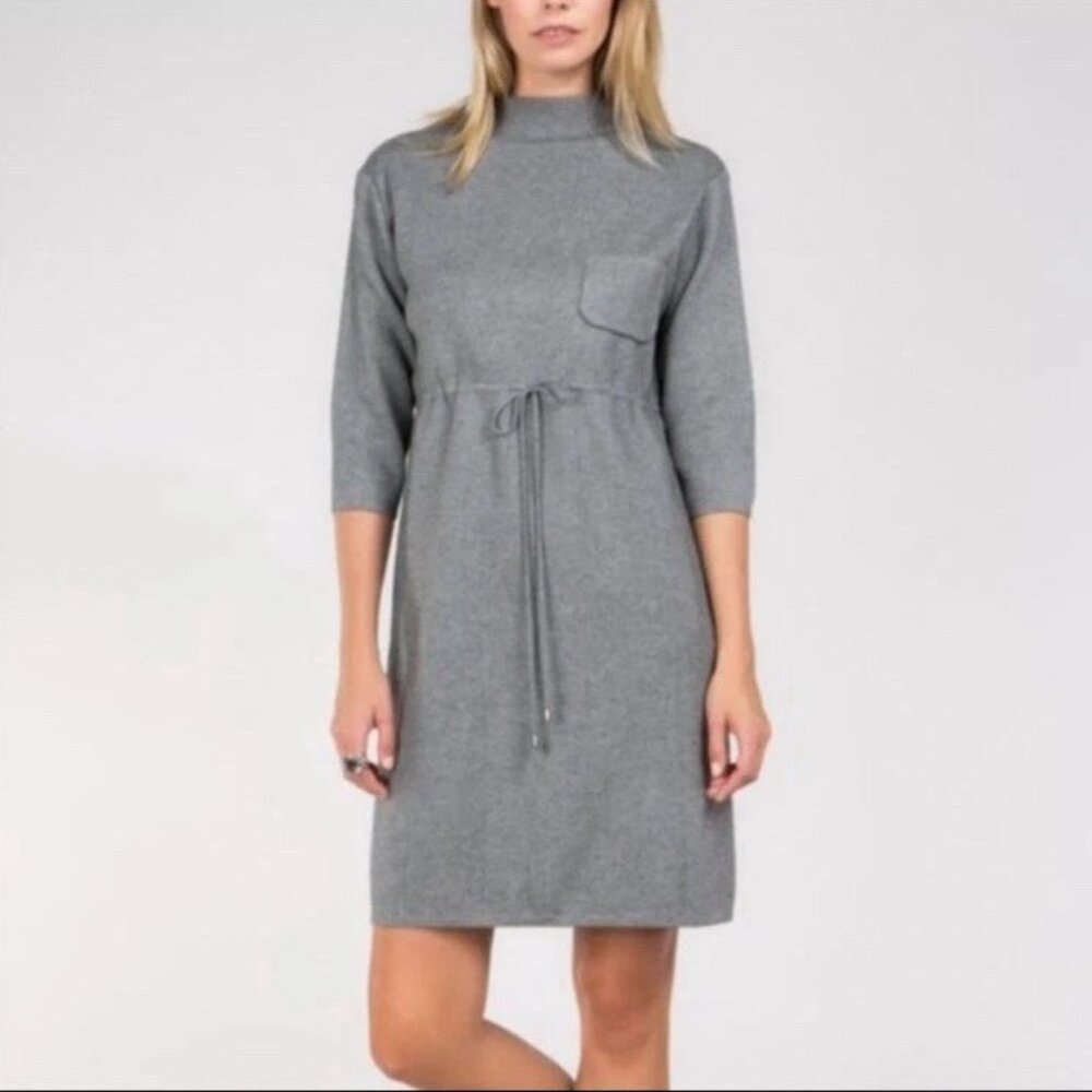 POL Women's Dress Grey Knit Sweater Drawstring Waist Mock Neck 3/4 Sleeve Size L